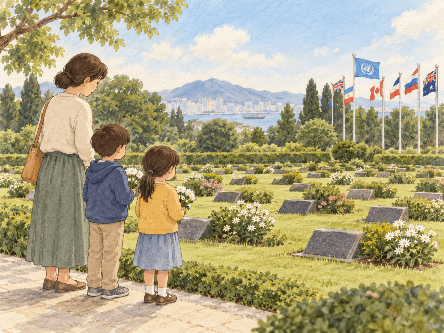 멀리서 온 사람들을 기억하는 부산의 공원 - 이야기를 바탕으로 한 삽화