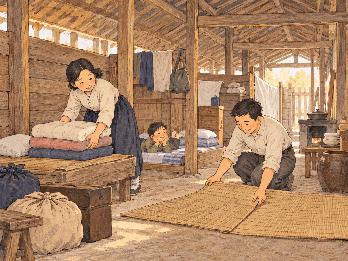 소를 두던 건물이 피란민의 집으로 - 이야기를 바탕으로 한 삽화