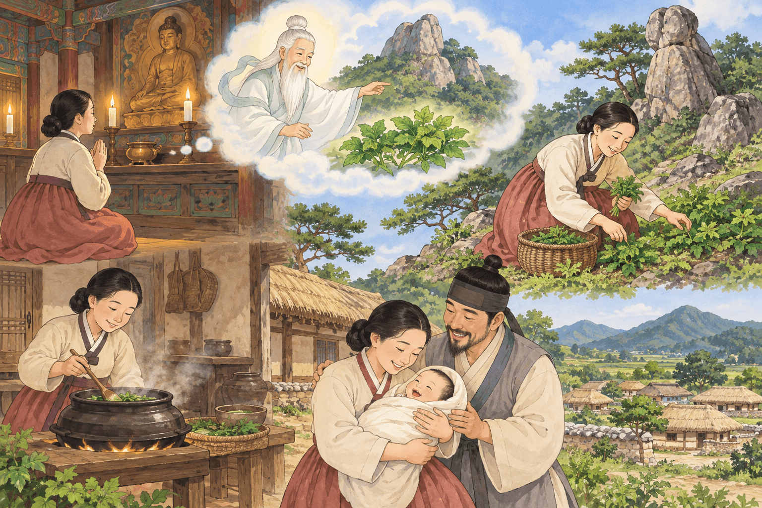 산나물로 얻은 아들, 채동마을 - 이야기를 바탕으로 한 삽화