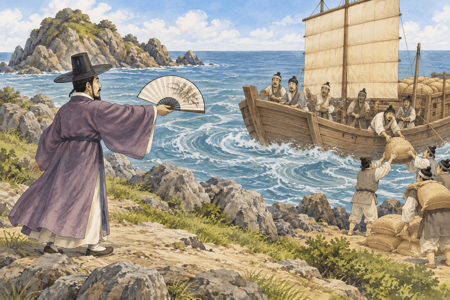 요술부채로 왕등도에 자리 잡은 전씨 - 이야기를 바탕으로 한 삽화