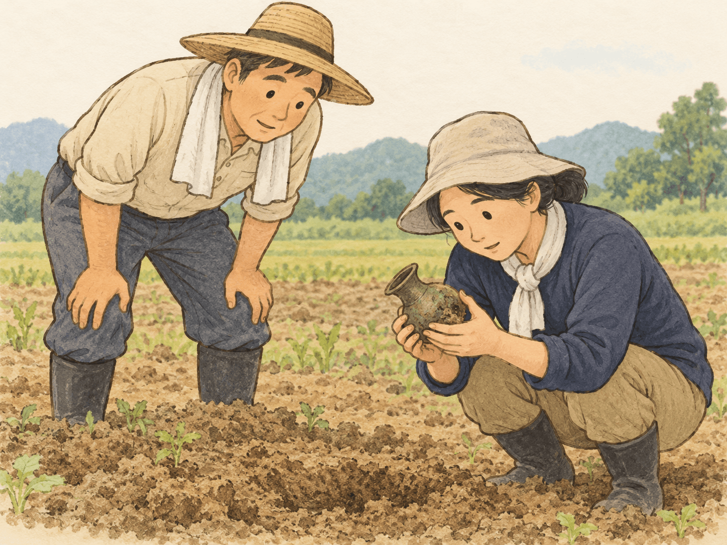 밭에서 발견된 괴정동 청동기 - 이야기를 바탕으로 한 삽화