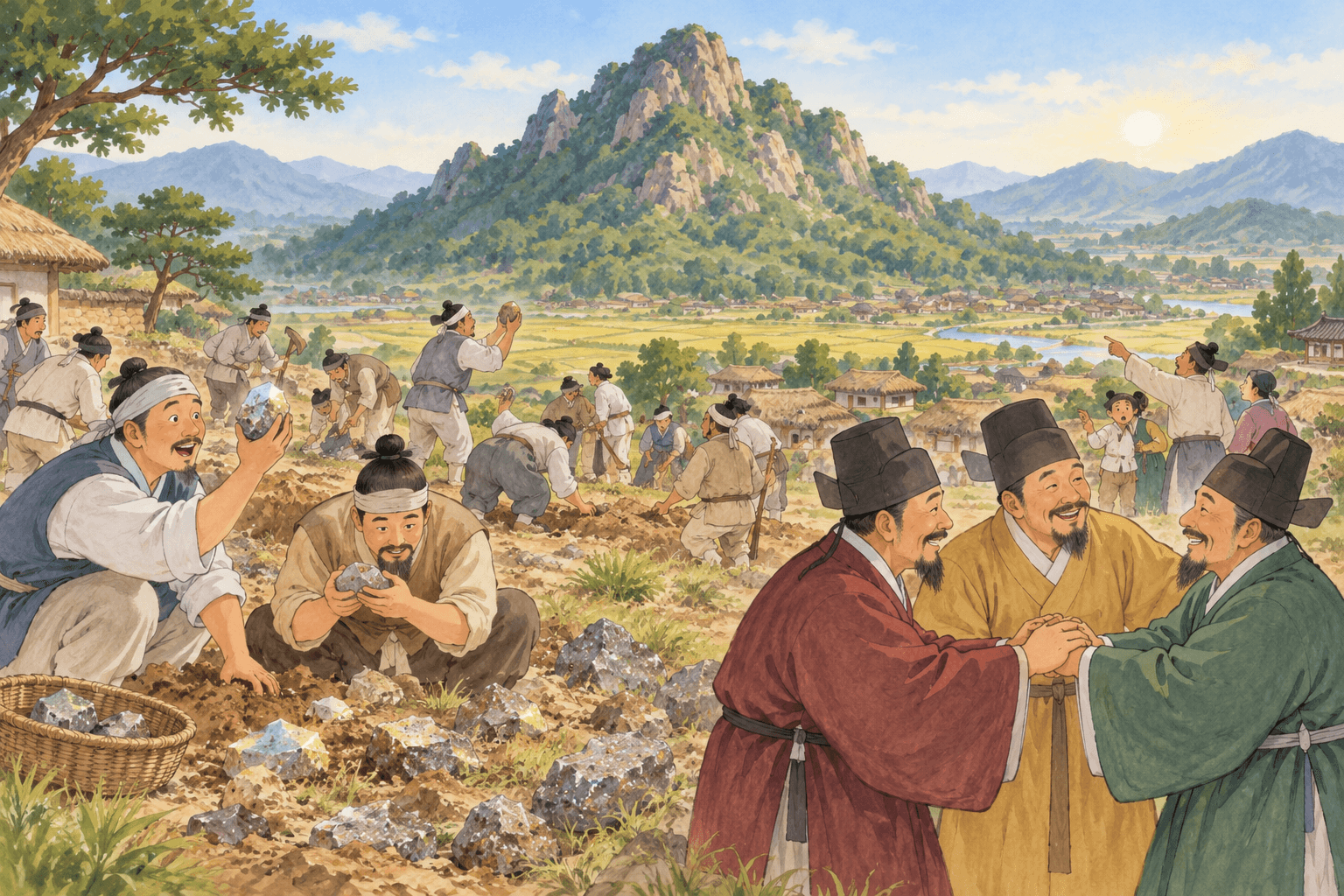 세 부자의 욕심으로 솟아오른 산, 용천산 - 이야기를 바탕으로 한 삽화