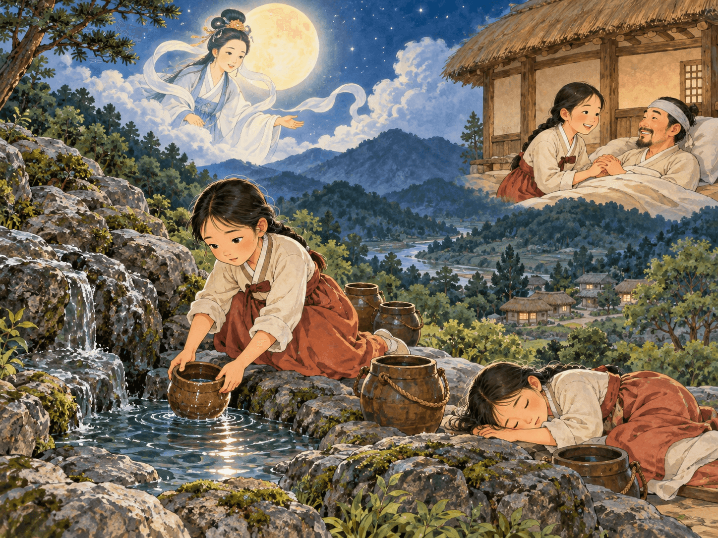 달님에게 빌어 아버지를 살린 딸, 월정리 - 이야기를 바탕으로 한 삽화