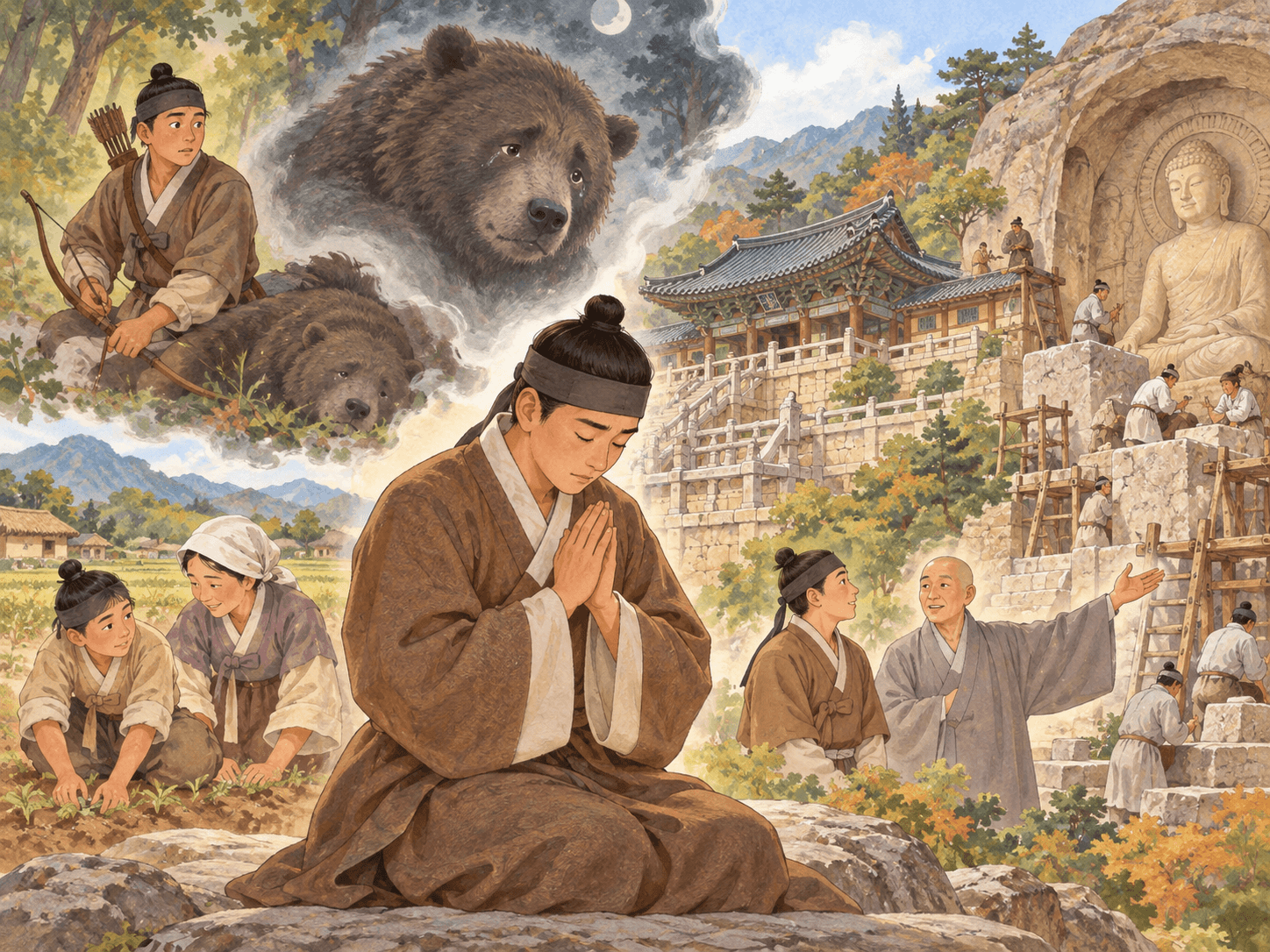 불국사와 석굴암을 지은 효자, 김대성 - 이야기를 바탕으로 한 삽화