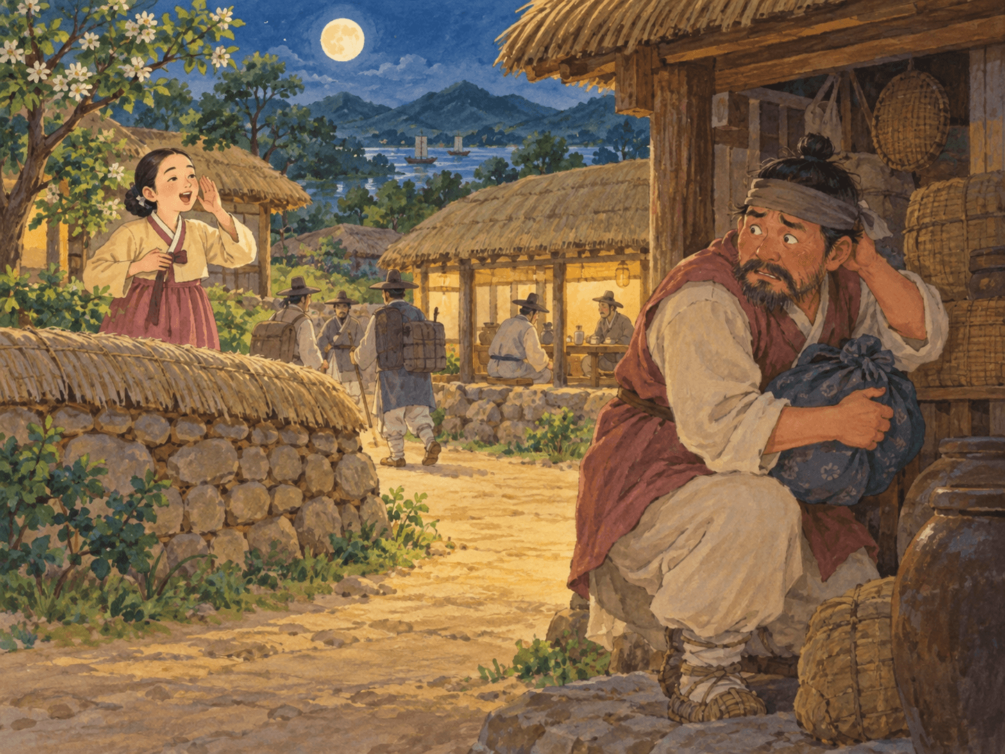 닭 울음소리로 도둑질을 들킨 맹장군 - 이야기를 바탕으로 한 삽화