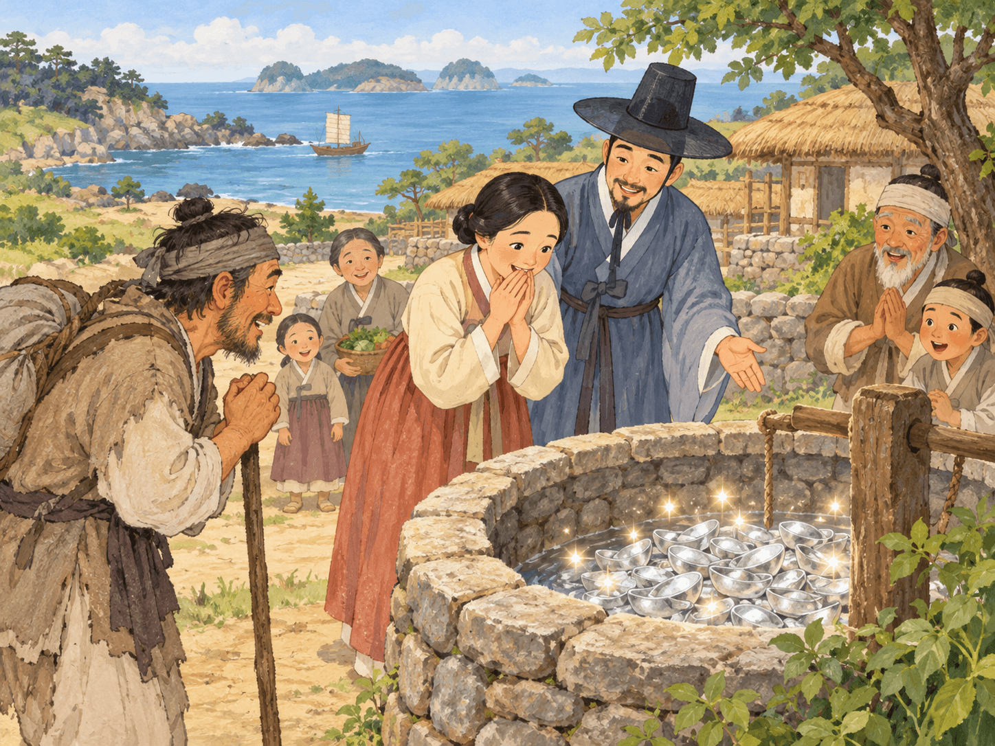 선행 끝에 은을 얻은 김만중 부부와 은골짜기 - 이야기를 바탕으로 한 삽화