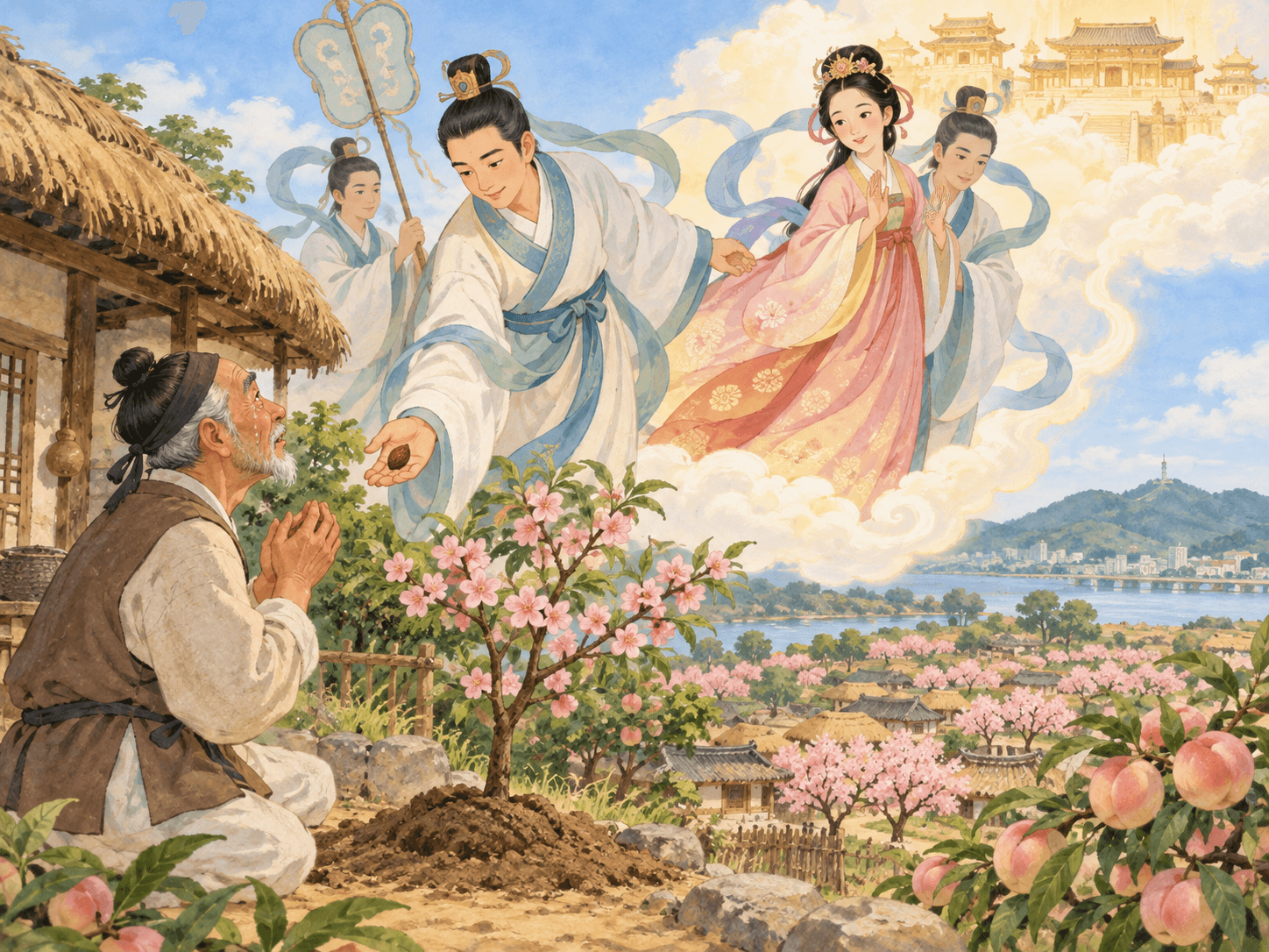옥황상제의 며느리가 된 도화낭자와 복사골 - 이야기를 바탕으로 한 삽화