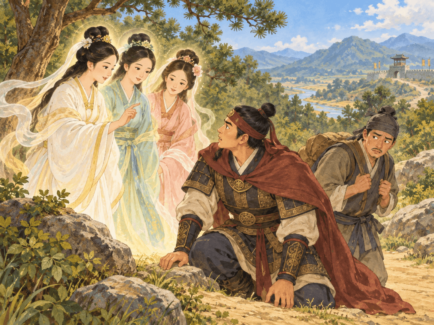 세 여신의 도움으로 첩자를 밝혀낸 김유신 - 이야기를 바탕으로 한 삽화