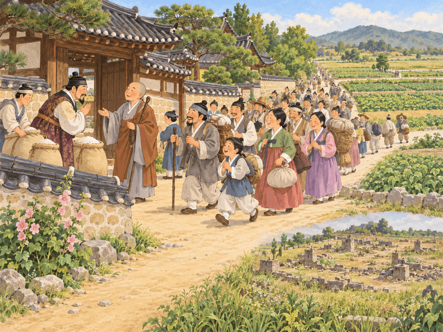 손님을 귀찮아하다 사라진 부잣집, 안터 - 이야기를 바탕으로 한 삽화