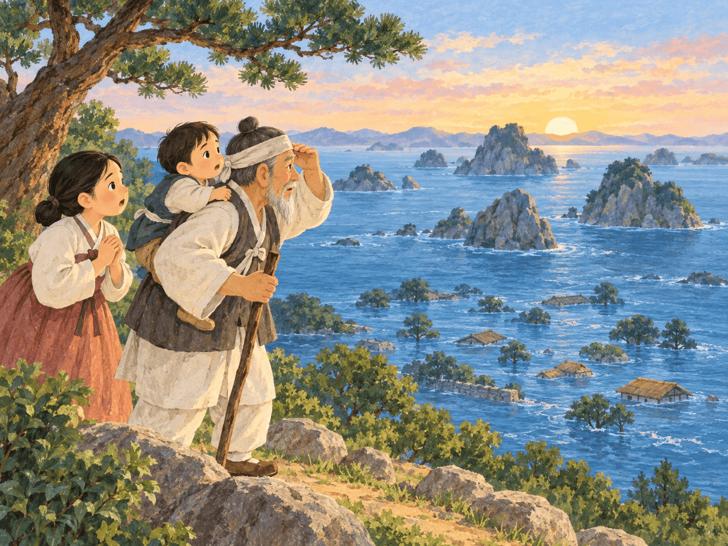 돌미륵의 눈물 대신 코피, 바다가 된 마을 - 이야기를 바탕으로 한 삽화