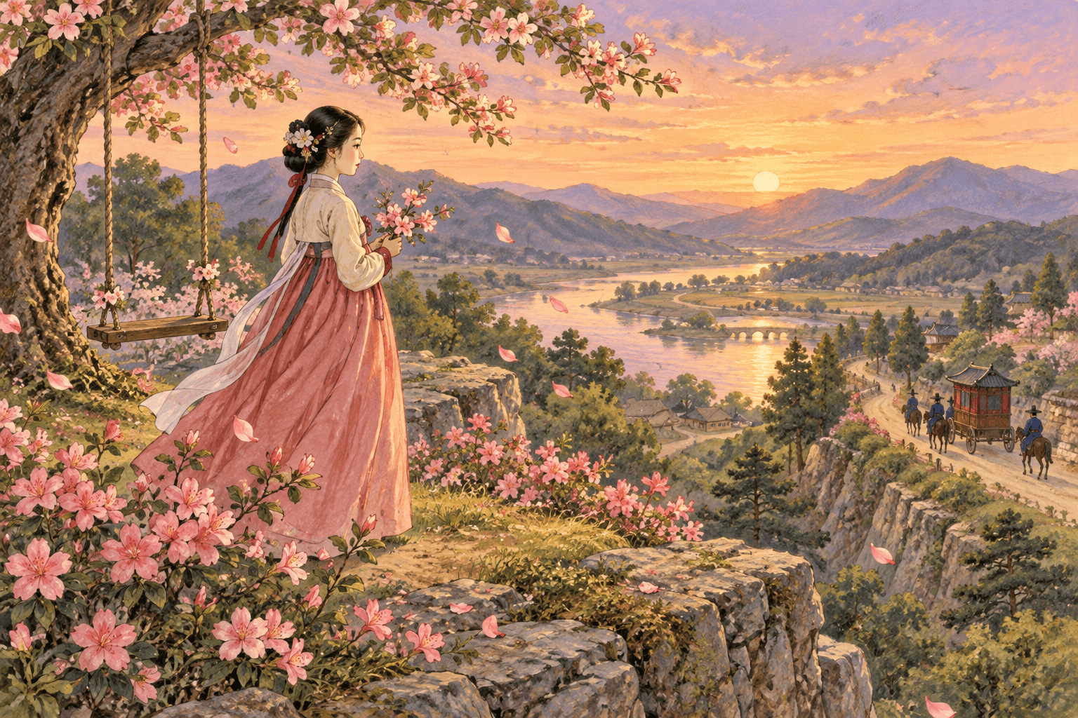 떠나는 임을 보다 꽃처럼 떨어진 이야기, 낙화대 - 이야기를 바탕으로 한 삽화