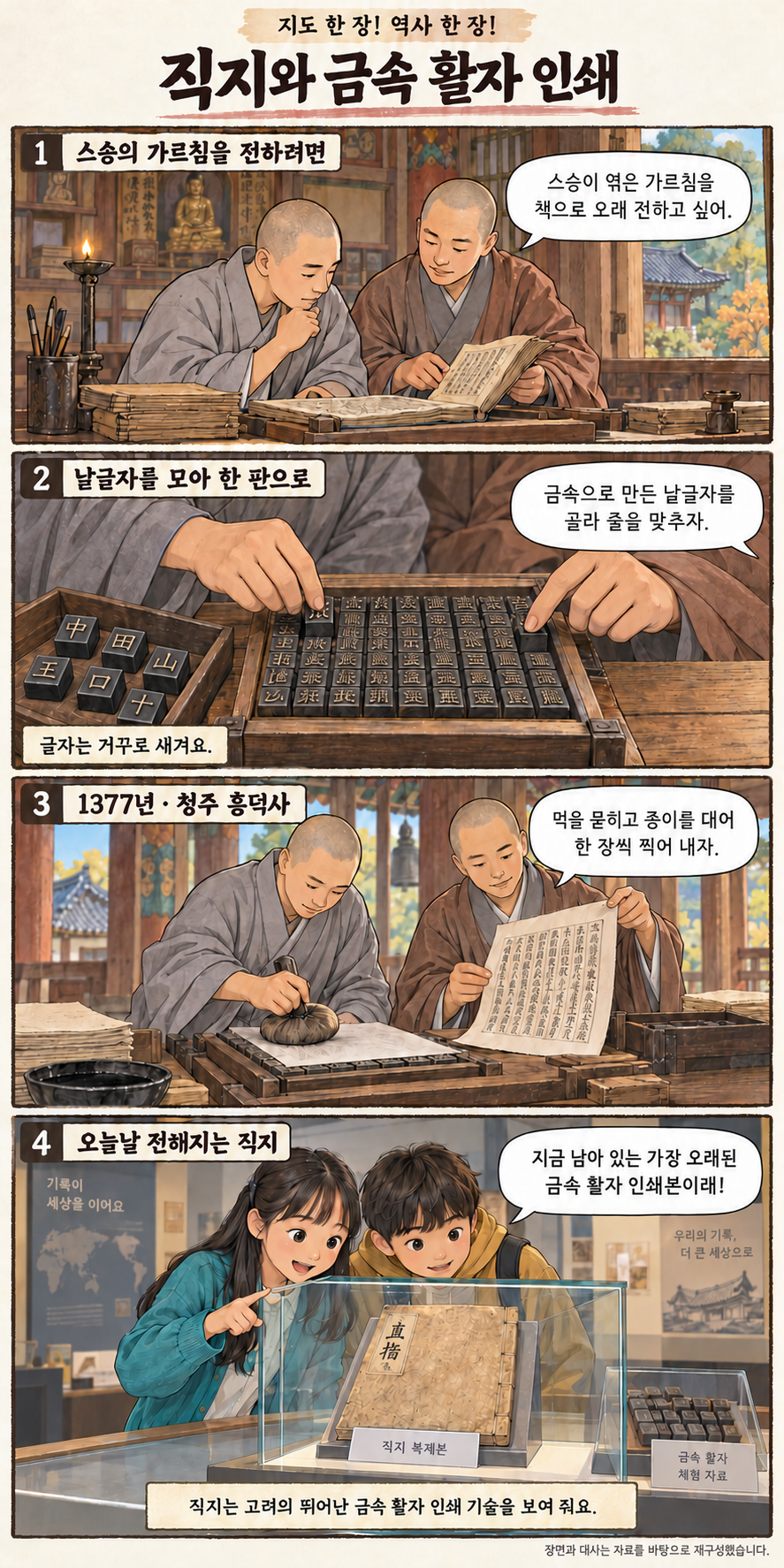 직지와 금속 활자 인쇄 4컷 학습만화
